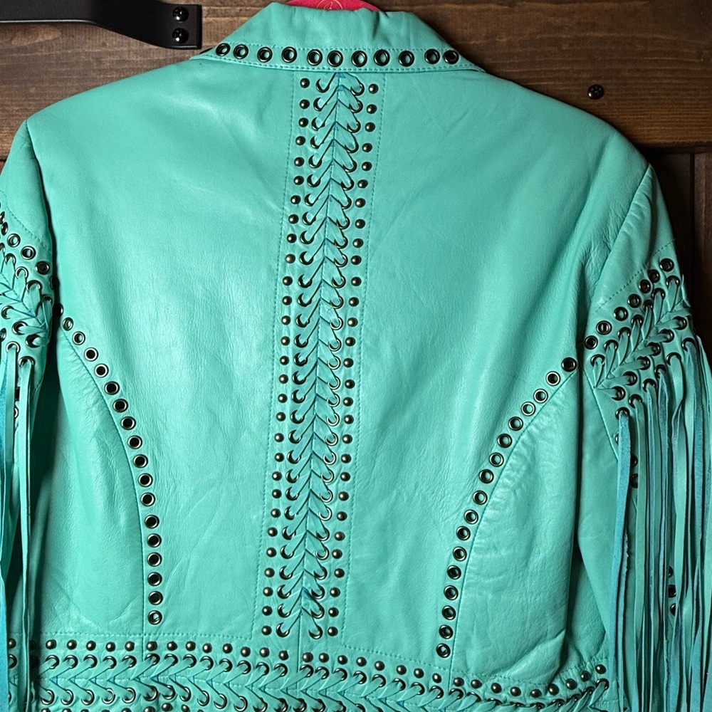 Double D Ranch Turquoise Studded Fringe Leather Jacket - Picture 8 of 10
